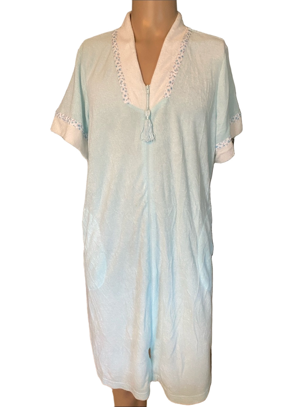 Miss Elaine Light Terry Zip-Front Nightgown with Tassel